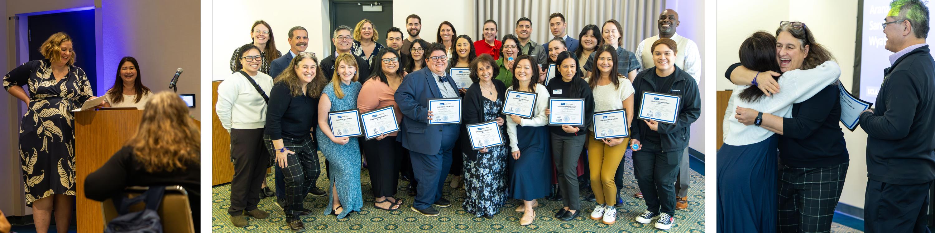 Three photos: A woman smiles giving a presentation at a podium; a group poses smiling with certificates; two people hug happily while another looks on.