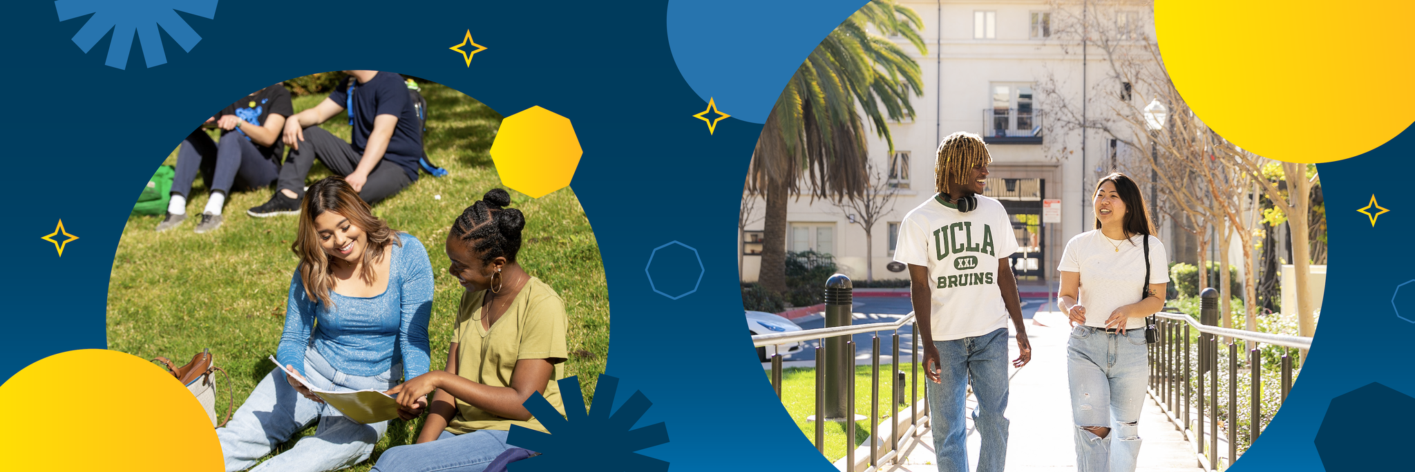 Students studying outdoors and walking through a sunny campus courtyard