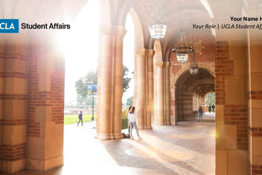 Branded photo of Royce Hall with Student Affairs logo