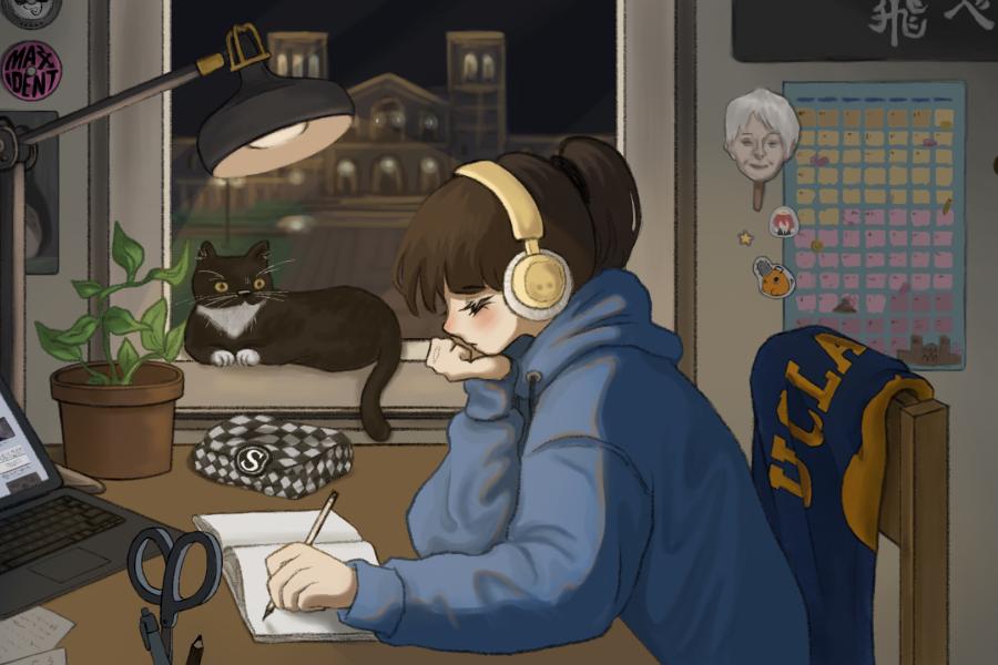 Illustration of student wearing headphones sitting in dorm room