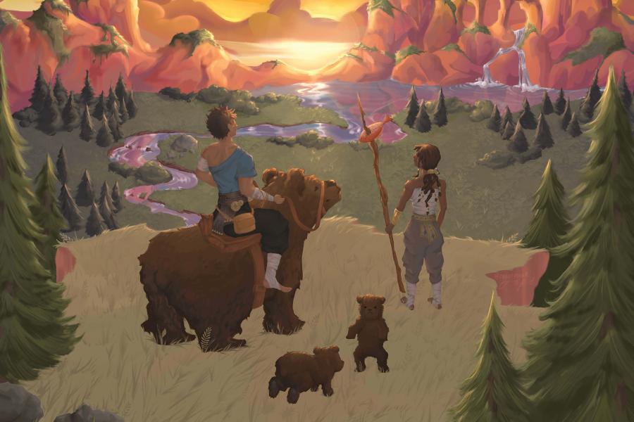 Illustration of a man riding a bear with two small bear cubs and a woman looking into the sunset.