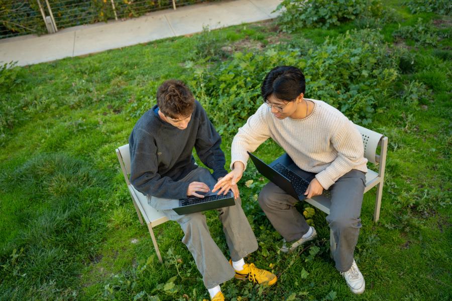 photo of two students sitting outside, using laptops.